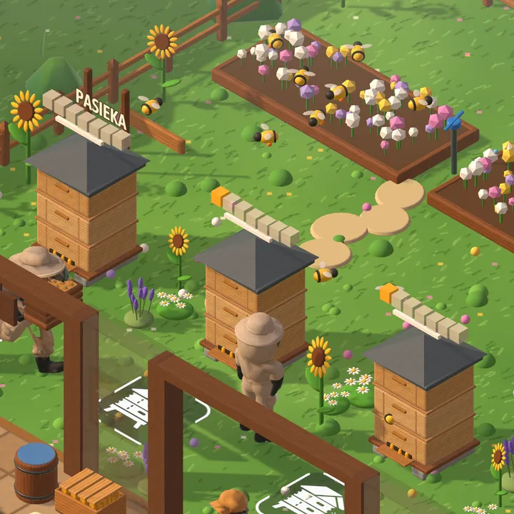 Hives and flower beds with bees flying over them