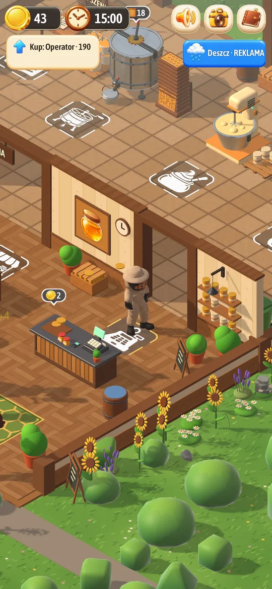 Gameplay screenshot: beekeeper at the shop counter, honey extractor and creamer in the back