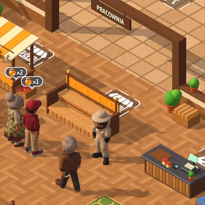 Shop: customers queueing by a shelf of honey
